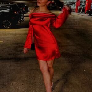 Hyperfire Red Satin Off The Shoulder Long Sleeve Tie Back Mini Dress Sz XS